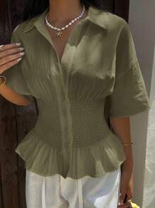 SHEIN EZwear 橄榄绿色梭织褶腰休闲短袖女衬衫 - 軍綠色 - 查看 3