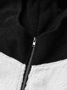 PAVTROS Áo hoodie màu tương phản có khóa kéo nửa tay thường ngày dài tay cho nam - Đen và trắng - Xem 5