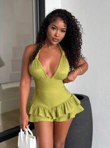 Alexandranx Solid Color Halter Backless Ruffle Hem Sleeveless Bodycon Jumpsuit - Green - View 1