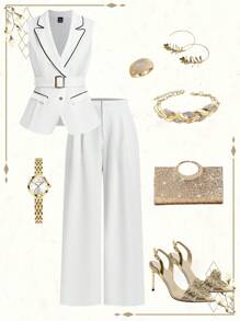 Ellevyn Completo elegante da donna con top a collo alla coreana a contrasto di colore e pantaloni a gamba ampia con tasche, set di abbigliamento primaverile, autunnale e invernale, adatto per l'ufficio e il casual business per donne