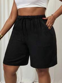 SHEIN PETITE CURVE Plus Size Women's Black Drawstring Waist Pockets Casual Country Linen Shorts Summer Shorts For Women Spring Outfits For Women Vacation Outfits Woman