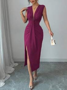 Islaluna Elegant Sleeveless Deep V-Neck With Draped Hem Slit Dress, For Women In Spring/Summer