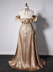 Viva Relle Váy maxi dài màu vàng trơn trễ vai gợi cảm thời trang du lịch lãng mạn cổ điển trang trọng dành cho nữ - Vàng - Xem 4