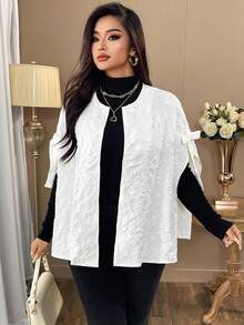 Elenzga Plus Size Women Elegant Bow Decor Poncho Jacket, Loose Fit Solid Color Poncho Sleeve Spring/Autumn Casual Outerwear Winter Fall - Apricot - View 5