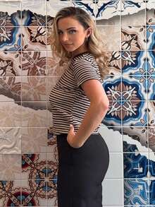 Jeta Ari 女式撞色格纹短袖 T 恤 夏季 - 咖啡棕 - 查看 5