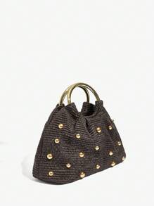 SHEIN SXY 女士，女式手提包，草编包，时尚，优雅，简约，个性化，多功能，经典，金色铆钉，适合约会，日常，购物，下午茶，海滩，度假，节日，夏季，海边 - 咖啡 - 查看 3