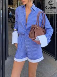 Siren Gaze ¡Nuevas llegadas de ropa de otoño 2025! Conjunto de 2 piezas casual de mujer con camisa de botones a rayas y shorts - Rayas azules, perfecto para el estilo casual de negocios, maestros, atuendo de aeropuerto - Estilo "Old Money", ropa de otoño imprescindible para volver a la escuela, uso diario y salir - Azul y blanco - Ver 2