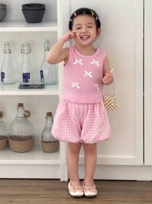 SHEIN 2pcs/Set Baby Girl Summer&Autumn Casual Style Bowknot Decoration Sleeveless Top&Shorts Baby Girl Summer Outfit Baby Girl Gingham Shorts - Pink - View 5