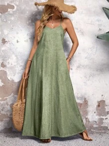 EMERY ROSE Váy denim dài không tay thường ngày đi biển mùa hè cho nữ - màu xanh lá - Xem 3