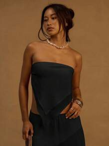 MUSERA Top tube asymétrique en lin avec overlay, pour Ibiza, vacances, plage. Top foulard pour festival, soirée de Noël