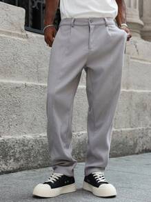 Manfinity Hypemode 男士休闲 INS 风格宽松直筒裤，适合所有季节和日常穿着，是送给男朋友/丈夫的绝佳礼物，休闲，Y2K 风格，浅灰色裤子 - 灰色 - 查看 3