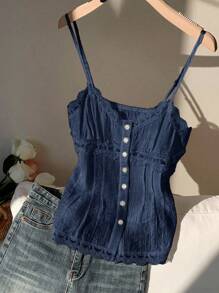 SHEIN Tall CURVE 大码女式纯色纽扣设计撞色蕾丝吊带背心 - 藏蓝色 - 查看 3