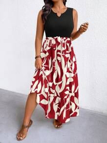EMERY ROSE Plus Size Women's Spring/Summer Asymmetric Hem Leaf Print Knit Tank Dress (Mid-Length), Extra Long Beach Vacation Wear - Red - View 4