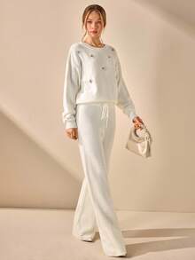 CLARA VERO Women Solid Color Rhinestone Detailed Round Neck Drop Shoulder Pullover & Mermaid Sweater Skirt Set,Winter Clothes - Cream - View 4