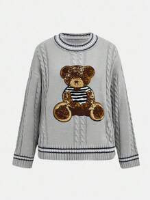Teen Girls Crew Neck Loose Knit Sweater Top With Cute Bear Patch Design, Collegiate Style,In Fall/Winter - Grey - View 5