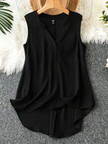 SHEIN LUNE Áo sơ mi thời trang tối giản không tay màu trơn cỡ lớn, phù hợp cho mùa hè - màu đen - Xem 4