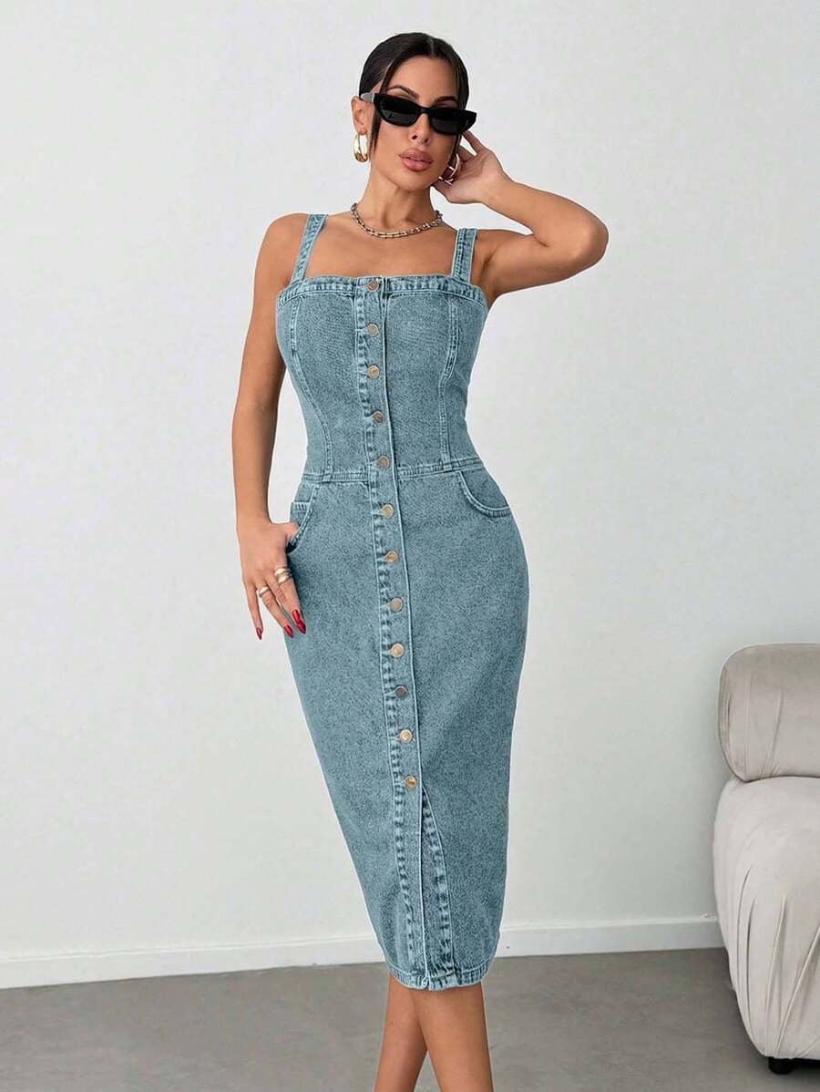 EURMUSE Slant Pocket Button Front Overall Denim Midi Dress - Baby Blue - View 1