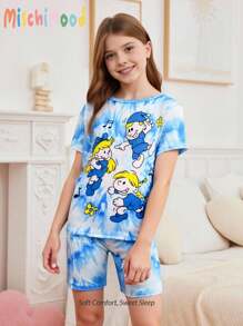 2pcs Tween GirlsCute Tie-Dye Pixie Print Casual Minimalist Short Sleeve Shorts Snug Fit Pajamas Set, Homewear - Blue - View 9
