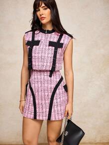 Let Your Light Shine 多色粉色粗花呢对比黑色镶边 V 领迷你连衣裙，配有 D 形环，女士优雅休闲连衣裙 - 粉色 - 查看 7