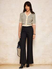 House of One Women's Elegant Casual Striped Button V-Neck Short Sleeve Sweater, Suitable For Summer And Autumn Summer Work Outfits For Women Fall Women Clothes Old Money Office Outfits For Women Fall Outfits Business Professional Women Business Casual Woman