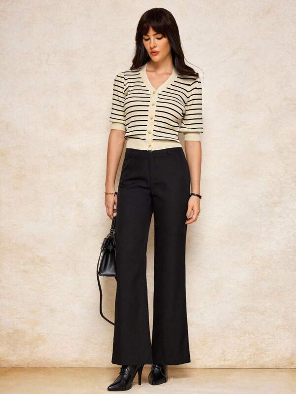 House of One Women's Elegant Casual Striped Button V-Neck Short Sleeve Sweater, Suitable For Summer And Autumn Summer Work Outfits For Women Fall Women Clothes Old Money Office Outfits For Women Fall Outfits Business Professional Women Business Casual Woman