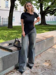 Jeta Ari Casual Washed Retro Mid-Waist Straight Leg Jeans - Dark Wash - View 6