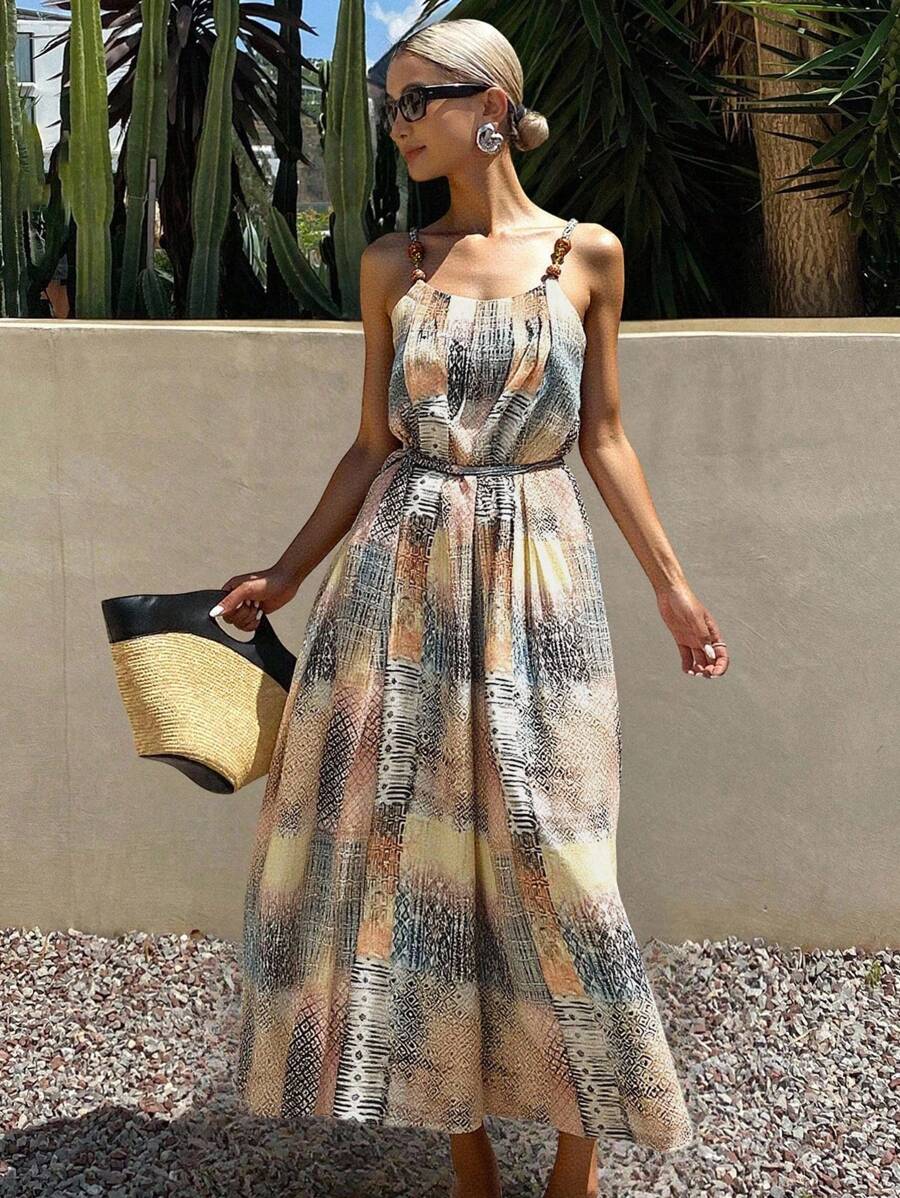 DAZY Women's V-Neck Floral Print Mid-Calf Belted Summer Vacation Dress Maxi Dress Cruise Outfit For Women Boho - Apricot - View 1