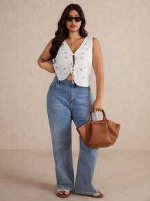 Elaquor Plus Size Women Embroidered V-Neck Cardigan Cami Tank Top, Casual Versatile Vacation Wear,Going Out Tops - White - View 6