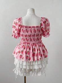 SHEIN MOOSTA Große Größen Bluse für Frauen mit geraffeltem Muster, Erdbeerdruck Patchwork, Dimanatkragen und kurzen Ärmeln für den Sommer