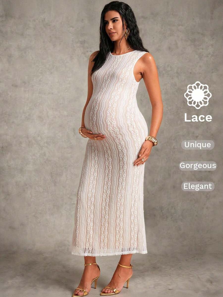 MaterniChic Maternity Lace Scoop Neck Side Split Hem Elegant Dress Baby Shower Maternity Dress Birthday Dresses For Maternity White Dress - White - View 1