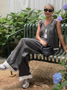 DAZY 2 件套女士夏季撞色条纹背心和裤子两件套休闲套装 - 灰色 - 查看 3