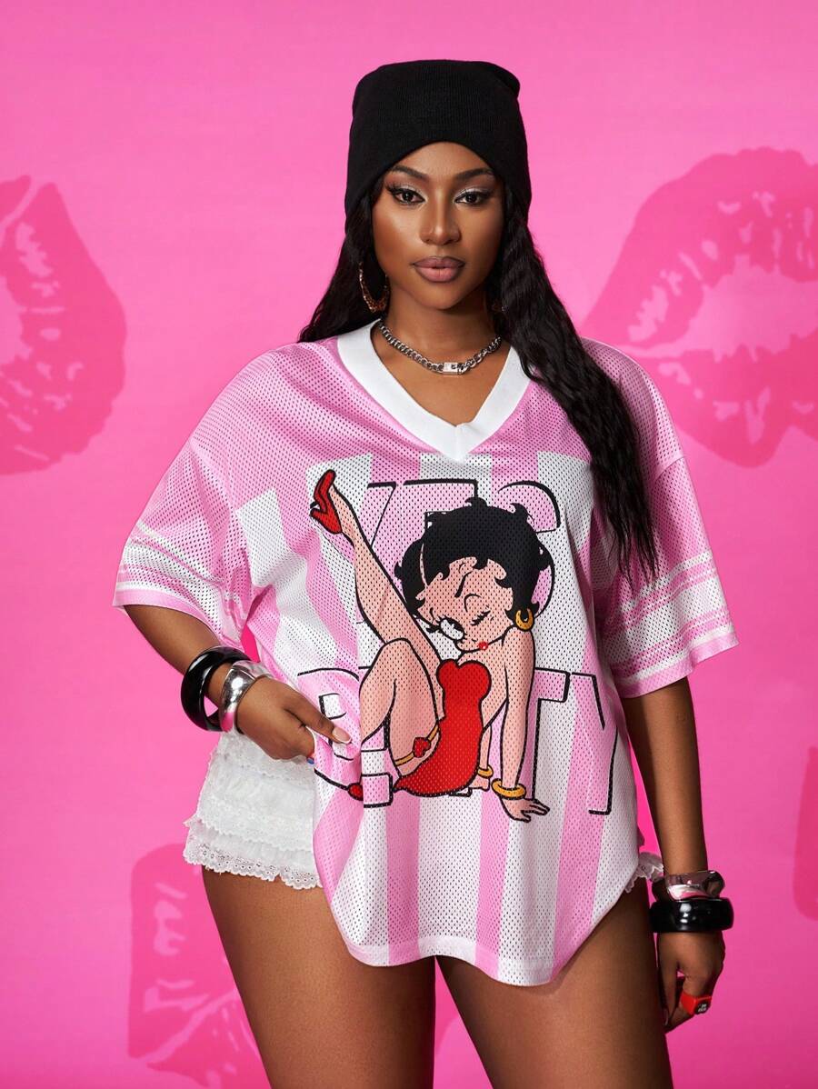Betty Boop x SHEIN Slaydiva 大码卡通人物条纹宽松V领落肩粉色短袖棒球网眼T恤