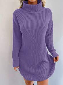 EURMUSE Solid Colored High Neck Drop Shoulder Sweater Dress Without Belt - Mauve Purple - View 7