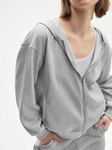 SHEIN Sports 女士灰色长袖拉链卫衣，休闲舒适 - 淺灰色 - 查看 5
