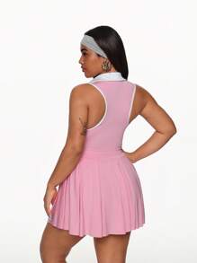 SHEIN Sports 大码女式拼色领口无袖褶皱运动连衣裙