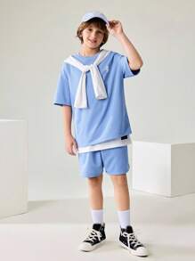 JNSQ Back To School Casual Street Style Printed Boys Outfit Sets, Loose Fit Sweatshirt & Shorts, Japanese Style, Summer Leisure, Urban Youth Design - Baby Blue - View 6