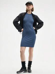 Easify SHEIN Sport Women's Active Blue Sleeveless Rib Knit Short Dress, Perfect For Gym, Casual Wear, Or A Relaxed Sporty Look
