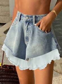 Livesso Damen Patchwork Volant Saum Weite Bein Denim-Shorts