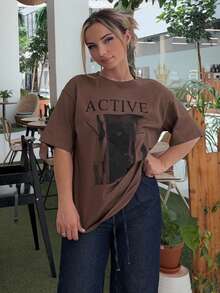 Jeta Ari Women's Loose Fit Short Sleeve T-Shirt With Letter Print Round Neckline ACTIVE Summer - Coffee Brown - View 1