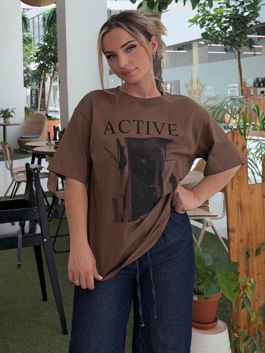 Jeta Ari Women's Loose Fit Short Sleeve T-Shirt With Letter Print Round Neckline ACTIVE Summer - Coffee Brown - View 1