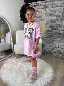 Tween Girl New Spring And Summer Casual Street V-Neck Off-Shoulder Short-Sleeved 23 Slogan Logo Eagle Pattern Apricot Bottom Green Stripe All-Over Printing Loose Knitted Fabric Mini Dress,Dresses - Pink - View 3