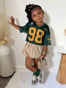 Kleine Mädchen Sport Lässig Mode Kurzarm Top und gerade geschnittene Shorts Set, Schulanfang - Verschiedenfarbig - Übersicht 2