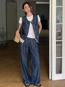 DAZY 女士优雅蕾丝拼布圆领背心和阔腿牛仔裤两件套 - 深色水洗藍 - 查看 6