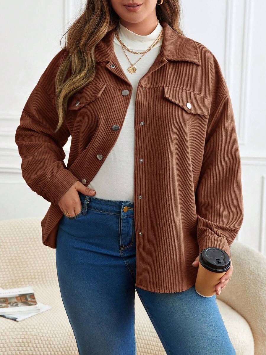 SHEIN Frenchy Plus Size Women's Solid Color Drop Shoulder Long Sleeve Single-Breasted Casual Jacket,Fall Clothes For Women Winter Autumn - Coffee Brown - View 1