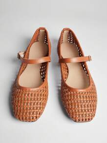 SHUZIA 女士休闲编织 PU 方头舒适玛丽珍芭蕾平底鞋 - 棕色 - 查看 5
