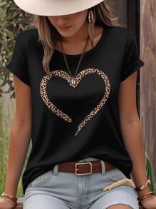 EMERY ROSE Women's Heart Pattern Printed Round Neck Short Sleeve Casual T-Shirt For Summer For New Year Clothes Graphic Tees Women Tops