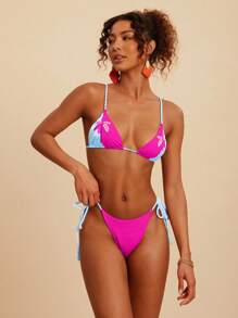 Travachic Conjunto de bikini de 2 piezas para mujer con estampado de plantas y color contrastante con tirantes de espagueti - Multicolor - Ver 6