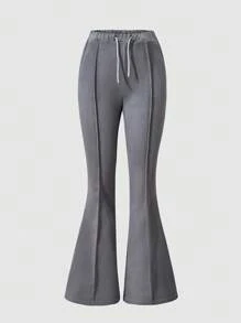 SHEIN Explorewe 1pc Teen Girls Cement Gray Bell Bottoms,Fashion Drawstring Elastic Waist Flare Pants,Soft Comfortable Versatile Casual Street Spring Autumn Trousers - Grey - View 6