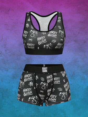 Harley Quinn | ROMWE Cartoon Figure & Letter Graphic Wire-Free Sports Bralette & Panty Set