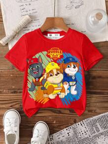 Rubble X SHEIN 小男孩卡通小狗印花圆领短袖T恤